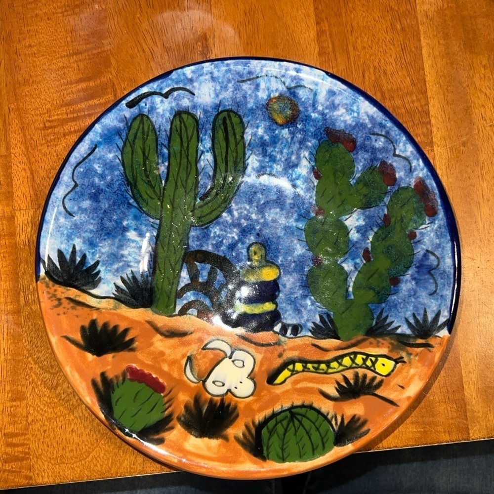 Mexican Hand Painted‎ Ceramic Bowl 8.5” Lead Free Snake Skull Cactus